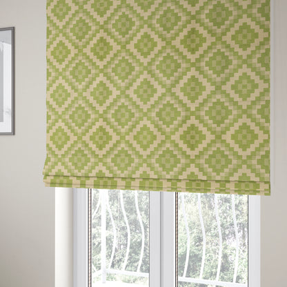 Green Beige Colour Cubed Tetris Pattern Furnishing Upholstery Fabric JO-1266 - Roman Blinds