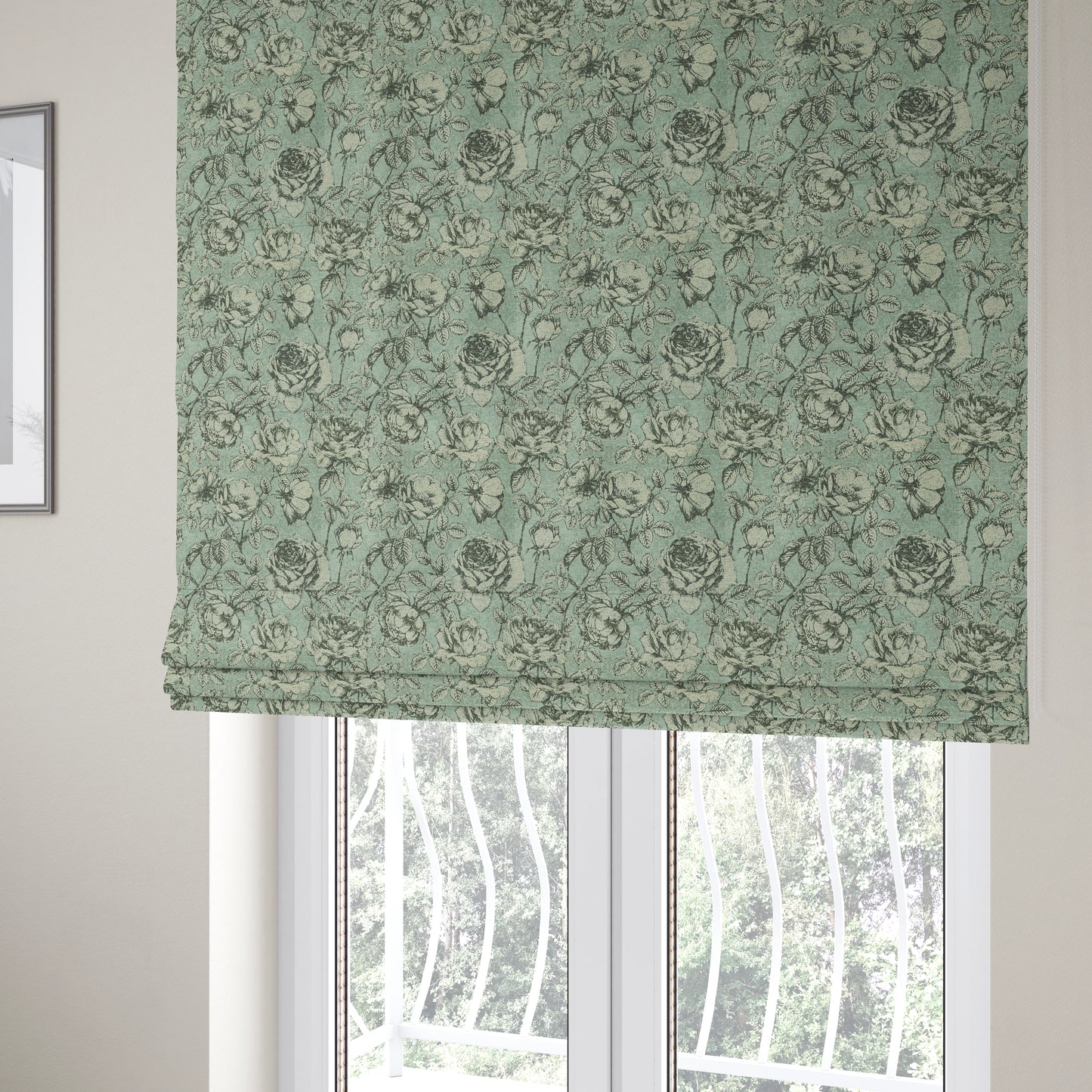 White Floral With Blue Background Pattern Soft Chenille Upholstery Fabric JO-1285 - Roman Blinds