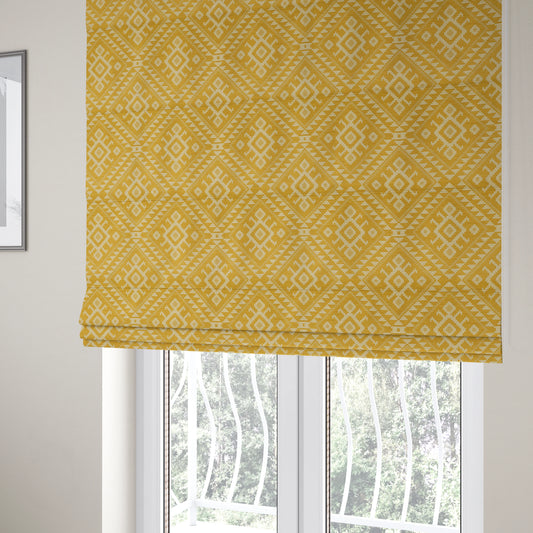 Yellow Cream Colour Kilim Aztec Pattern Furnishing Fabric JO-1290 - Roman Blinds