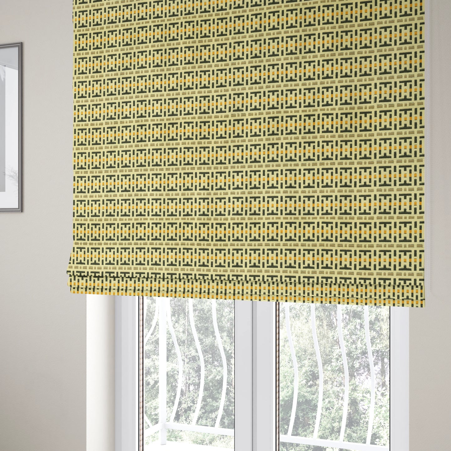 Cream Black Brown Yellow Geometric Pattern Chenille Upholstery Fabric JO-1292 - Roman Blinds