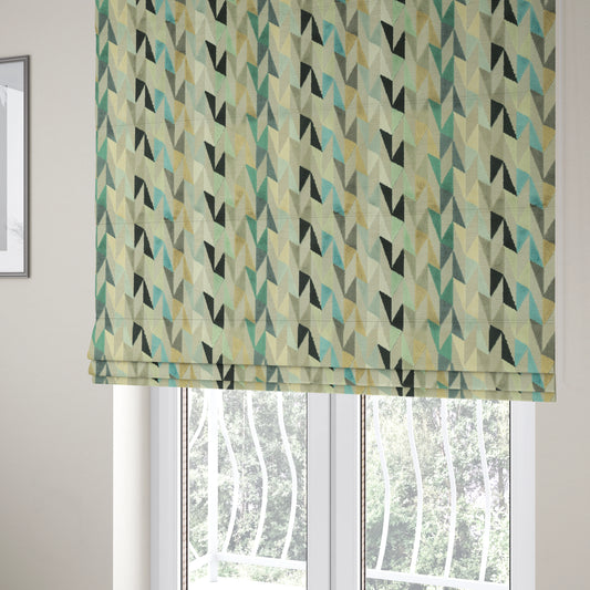 Pastel Tones Blue Grey Teal White Colours Of Geometric Pattern Furnishing Velvet Upholstery Fabric JO-1307 - Roman Blinds