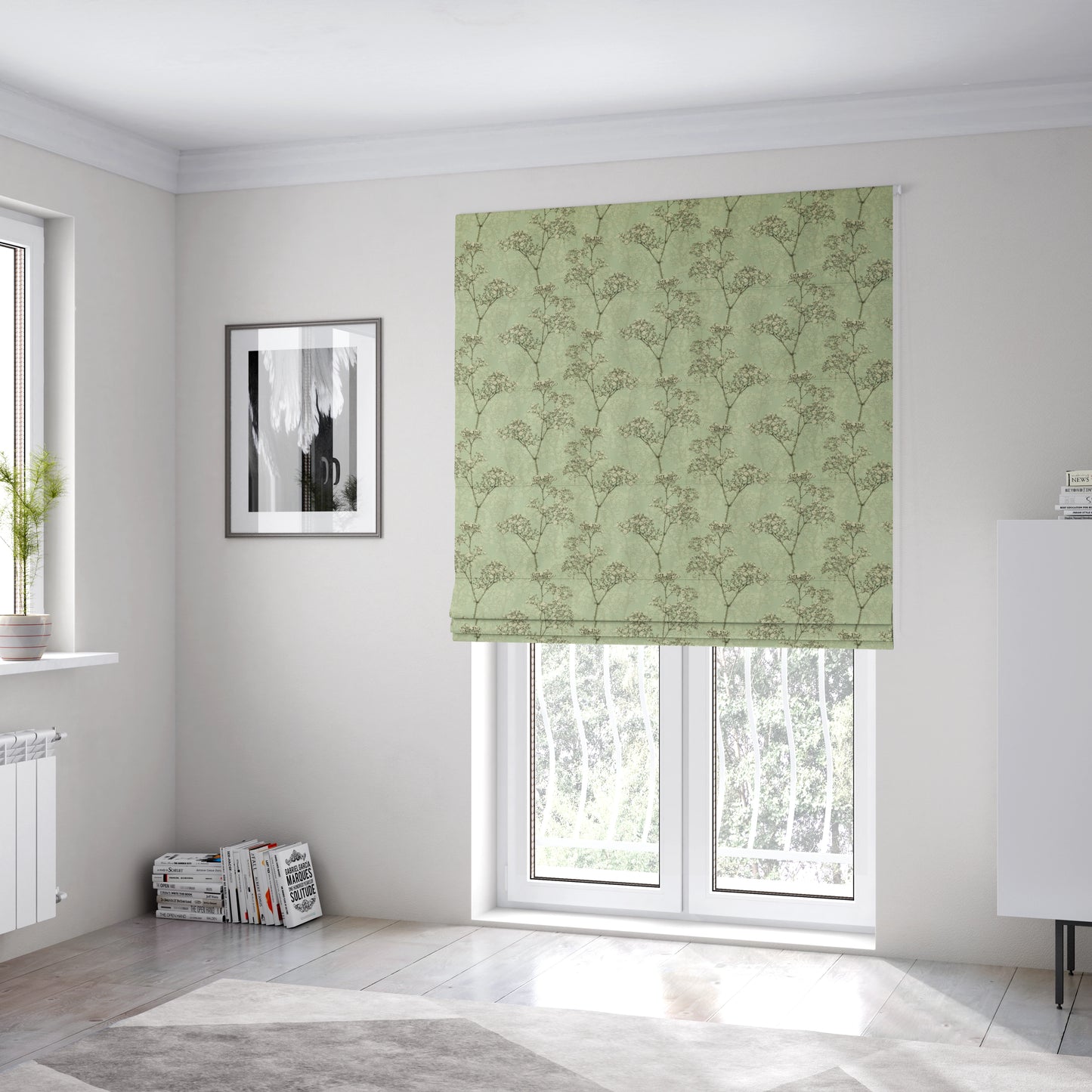 Green Background With White Buds Floral Pattern Soft Chenille Upholstery Fabric JO-1320 - Roman Blinds