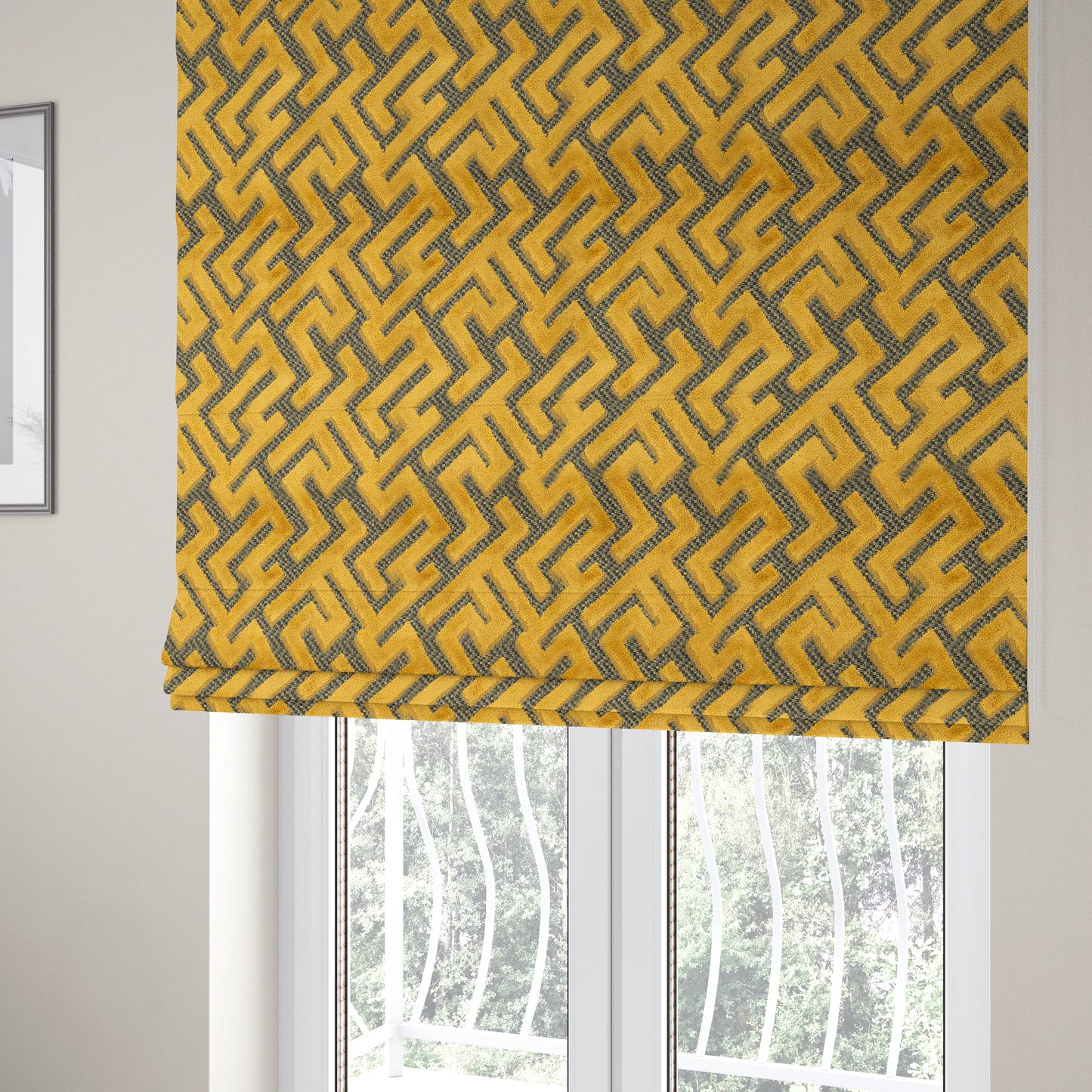 Golden Yellow Velvet Greek Key Pattern Material Furnishing Upholstery Fabric JO-1323 - Roman Blinds