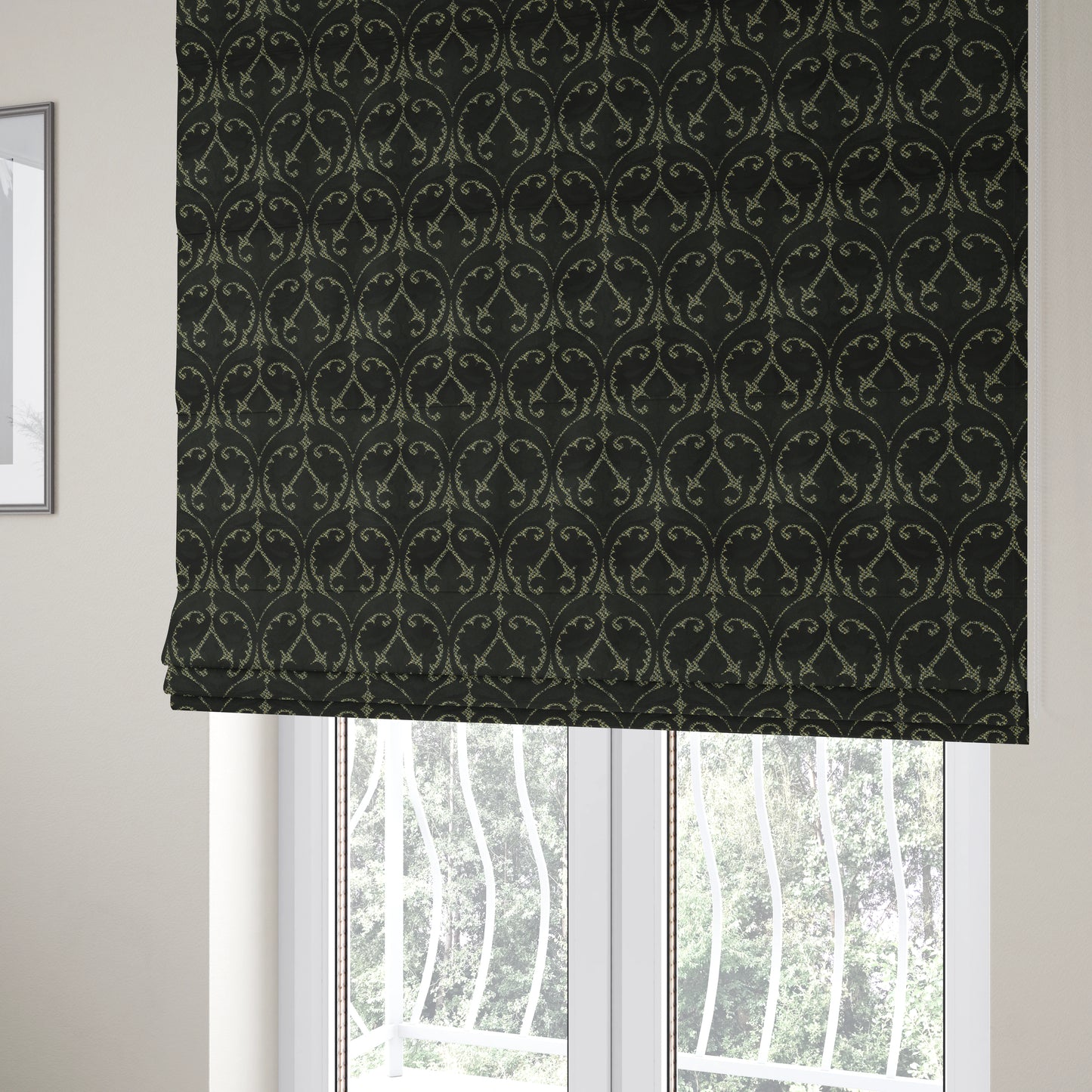 Black Velvet Fleur De Lis Theme Pattern Material Furnishing Upholstery Fabric JO-1324 - Roman Blinds