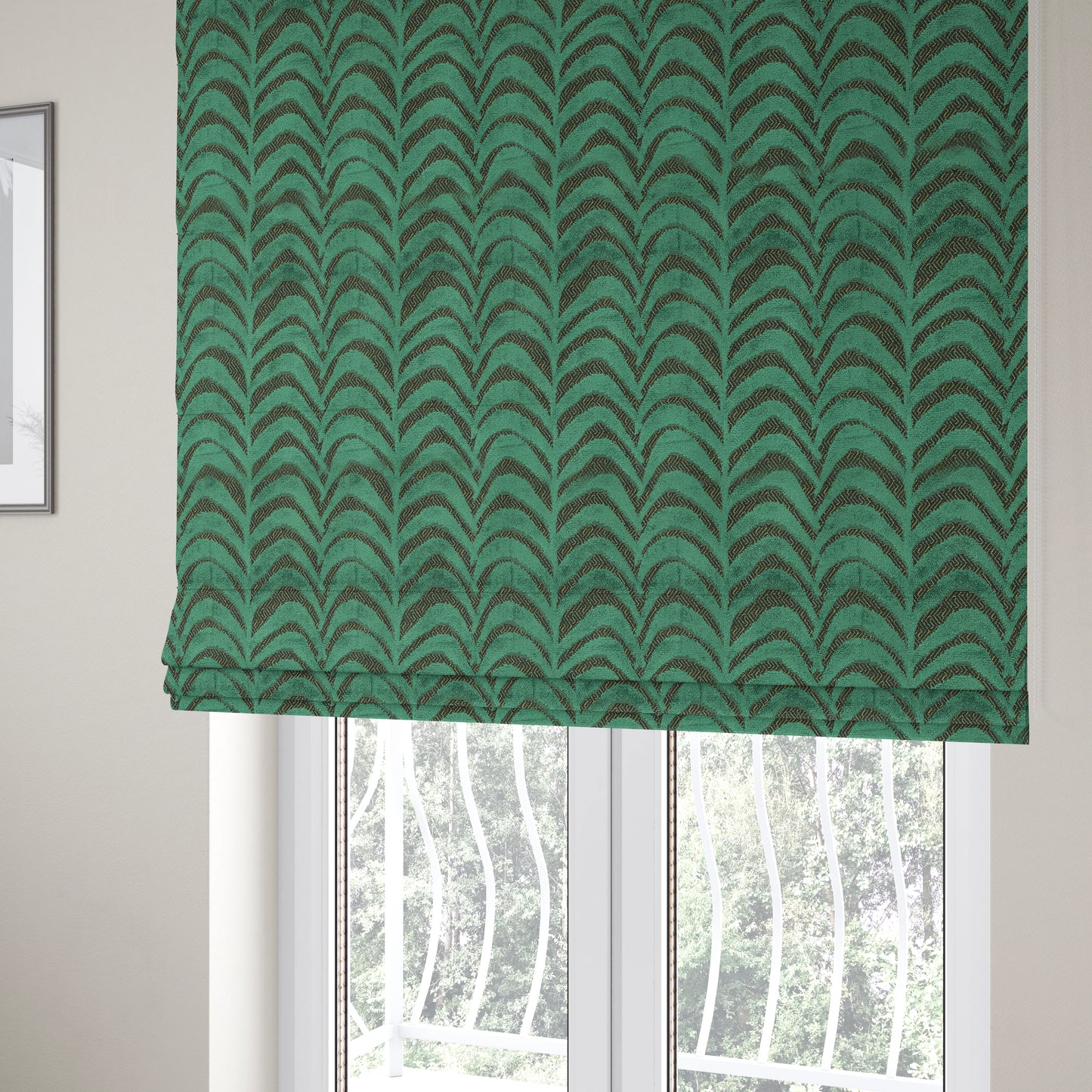 Half Curved Stripe Pattern In Velvet Material Teal Colour Furnishing Upholstery Fabric JO-1326 - Roman Blinds