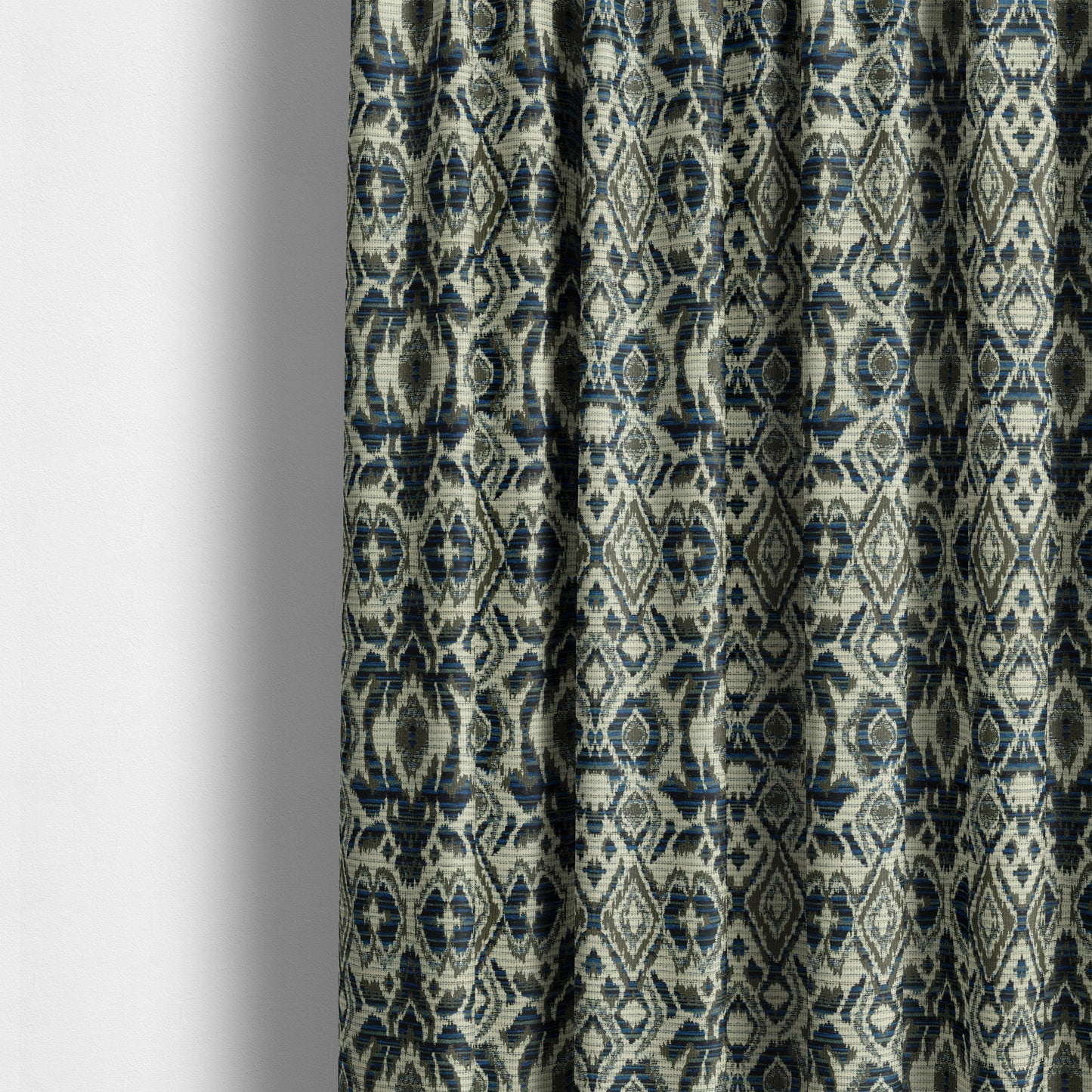 Tribal Ikat Inspired Pattern In Soft Chenille Material White Brown Blue Colour Upholstery Fabric JO-1328 - Made To Measure Curtains