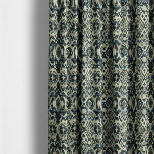 Tribal Ikat Inspired Pattern In Soft Chenille Material White Brown Blue Colour Upholstery Fabric JO-1328 - Made To Measure Curtains