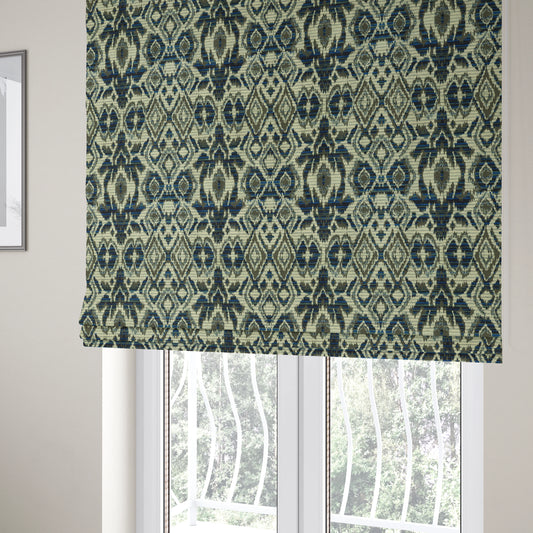 Tribal Ikat Inspired Pattern In Soft Chenille Material White Brown Blue Colour Upholstery Fabric JO-1328 - Roman Blinds