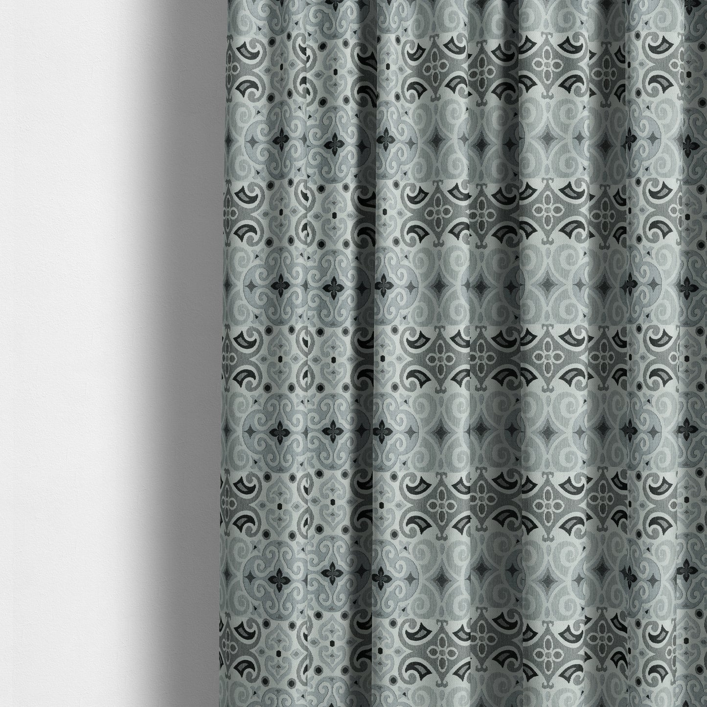 Victoria Medallion Design Fabric In White Black Grey Woven Soft Chenille Furnishing Fabric JO-133 - Made To Measure Curtains