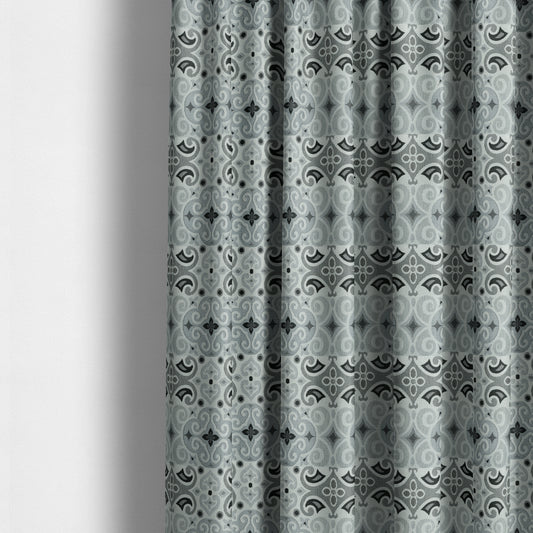 Victoria Medallion Design Fabric In White Black Grey Woven Soft Chenille Furnishing Fabric JO-133 - Made To Measure Curtains