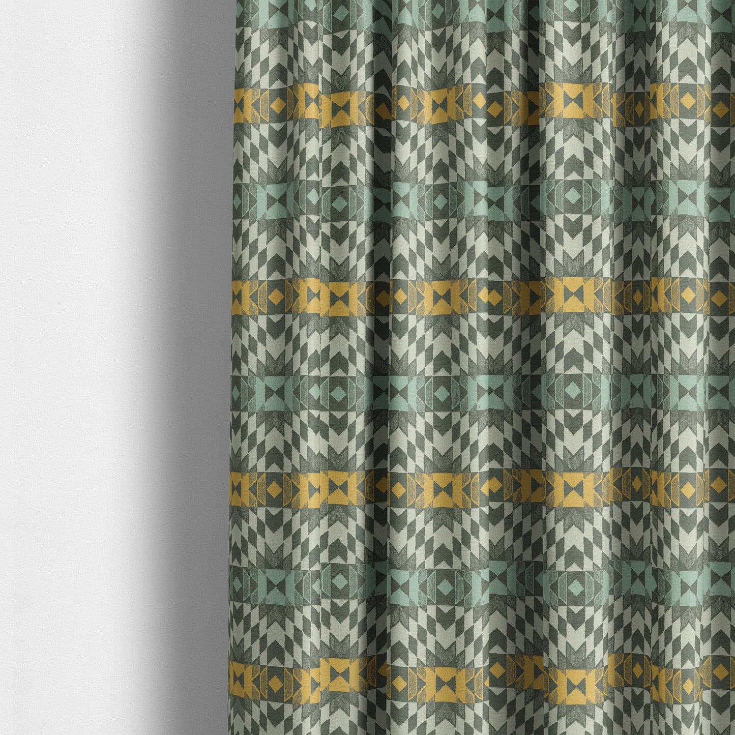 Kilim Aztec All Over Pattern Grey Blue Yellow Colour Soft Chenille Upholstery Fabric JO-1331 - Made To Measure Curtains