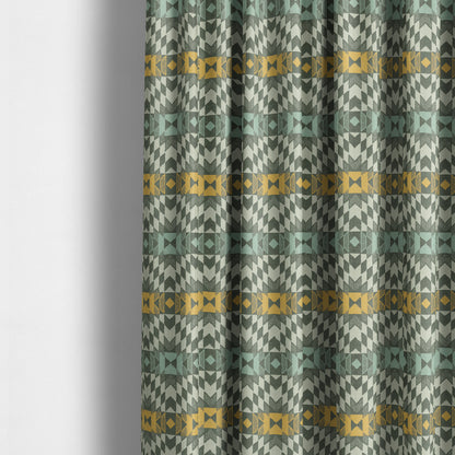 Kilim Aztec All Over Pattern Grey Blue Yellow Colour Soft Chenille Upholstery Fabric JO-1331 - Made To Measure Curtains