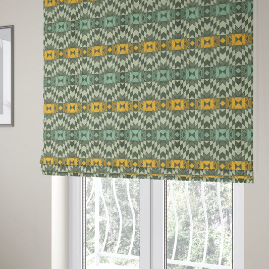 Kilim Aztec All Over Pattern Grey Blue Yellow Colour Soft Chenille Upholstery Fabric JO-1331 - Roman Blinds