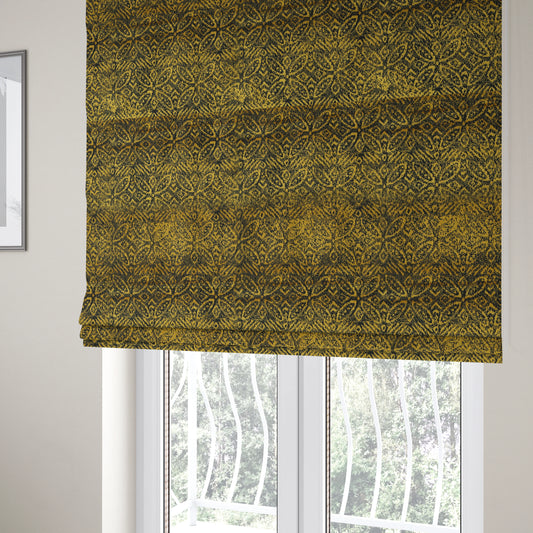 Four Leaf Pattern Black With Gold Yellow Colour Heavy Quality Velvet Upholstery Fabric JO-1333 - Roman Blinds