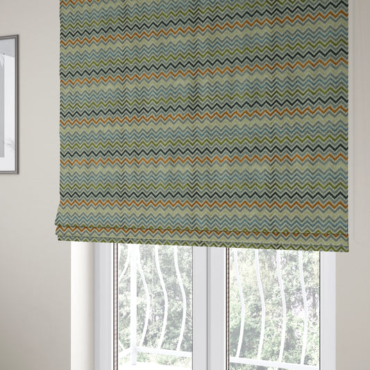 Chevron Pattern Cut Velvet Material Multi Coloured Green Grey Blue Colours Upholstery Fabric JO-1339 - Roman Blinds