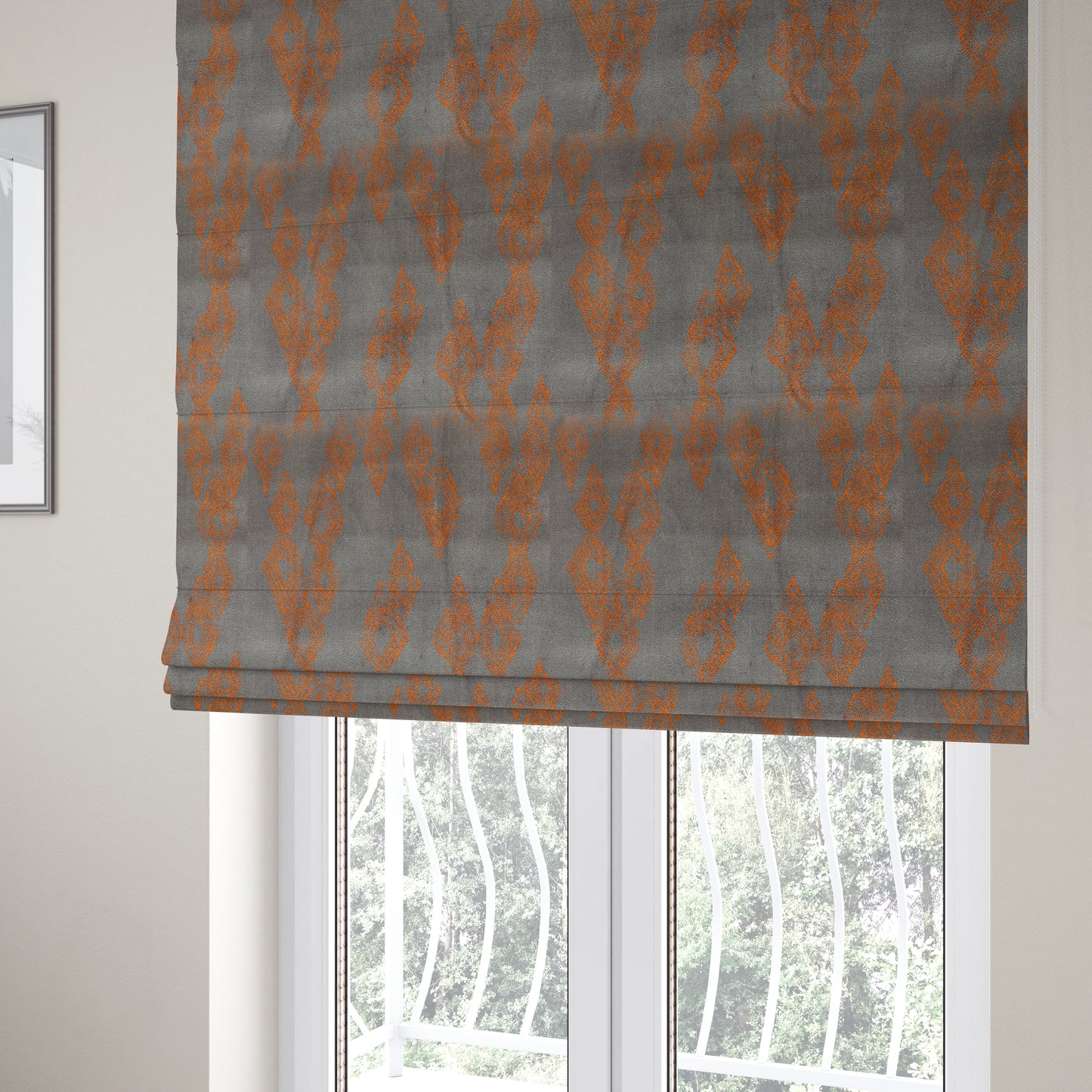 Tribal Symbol Pattern Velvet Purple Violet With Orange Colour Upholstery Fabric JO-1347 - Roman Blinds