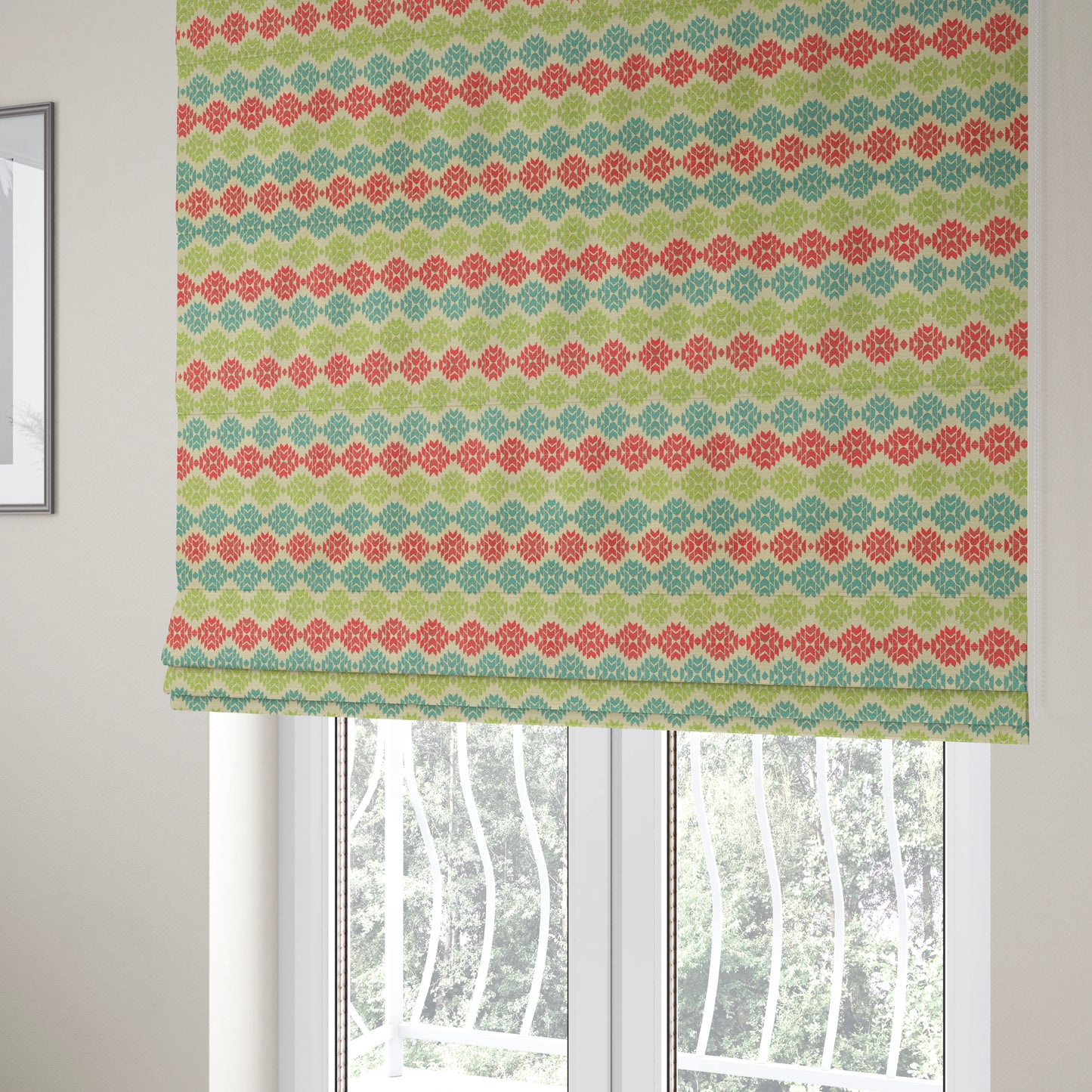 Traditional Geometric Pattern In Green Pink Blue Colour Soft Upholstery Fabric JO-1349 - Roman Blinds