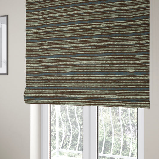 Striped Pattern In Brown Blue Grey Colours Chenille Material Upholstery Fabric JO-1350 - Roman Blinds