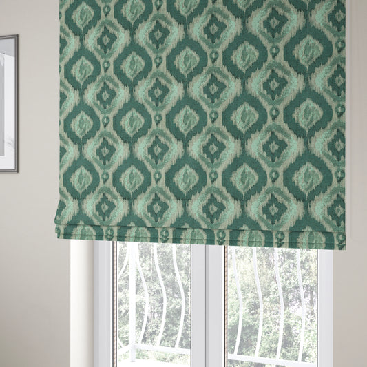 Large Design Kilim Inspired Pattern In Blue Teal Colour With Silver Shine Upholstery Fabric JO-1352 - Roman Blinds