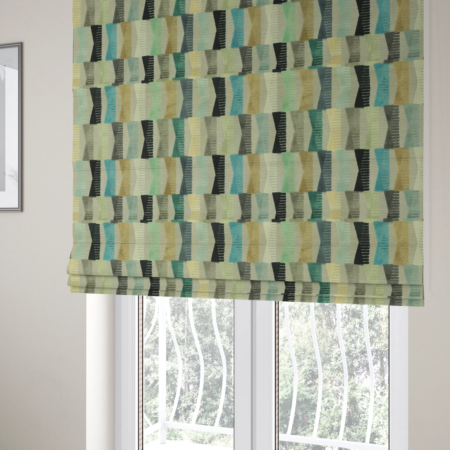 Hour Glass Theme Geometric Pattern In Blue Brown Coloured Soft Velvet Upholstery Fabric JO-1360 - Roman Blinds