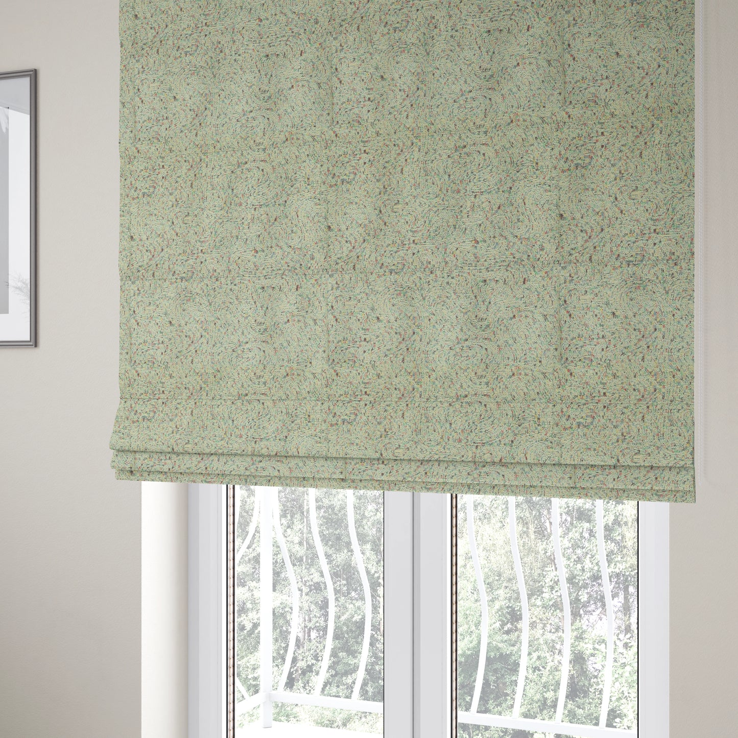 Abstract Pattern In White With Multi Coloured Background Chenille Upholstery Furnishing Fabric JO-1365 - Roman Blinds