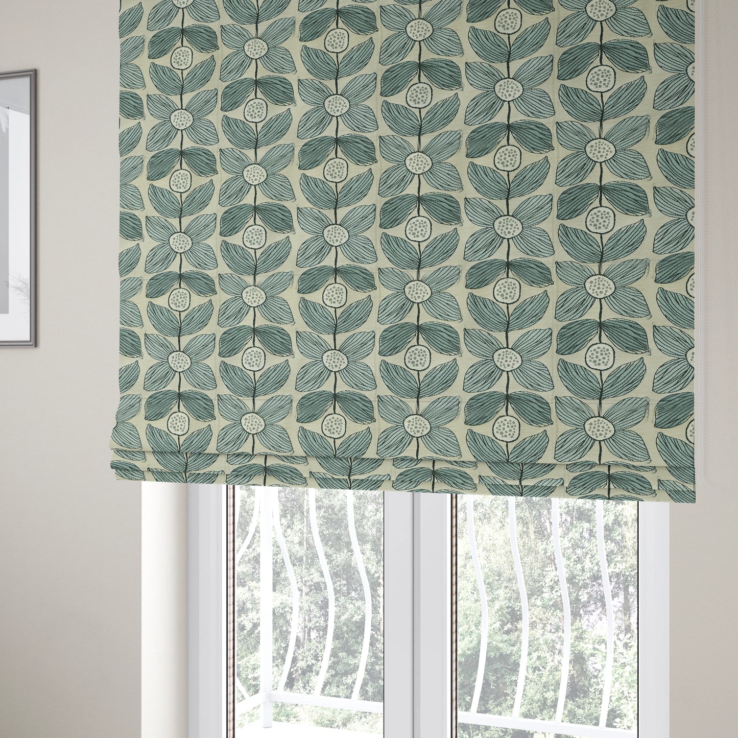 Floral Blue Uniformed In Grey Background Pattern Chenille Upholstery Furnishing Fabric JO-1368 - Roman Blinds