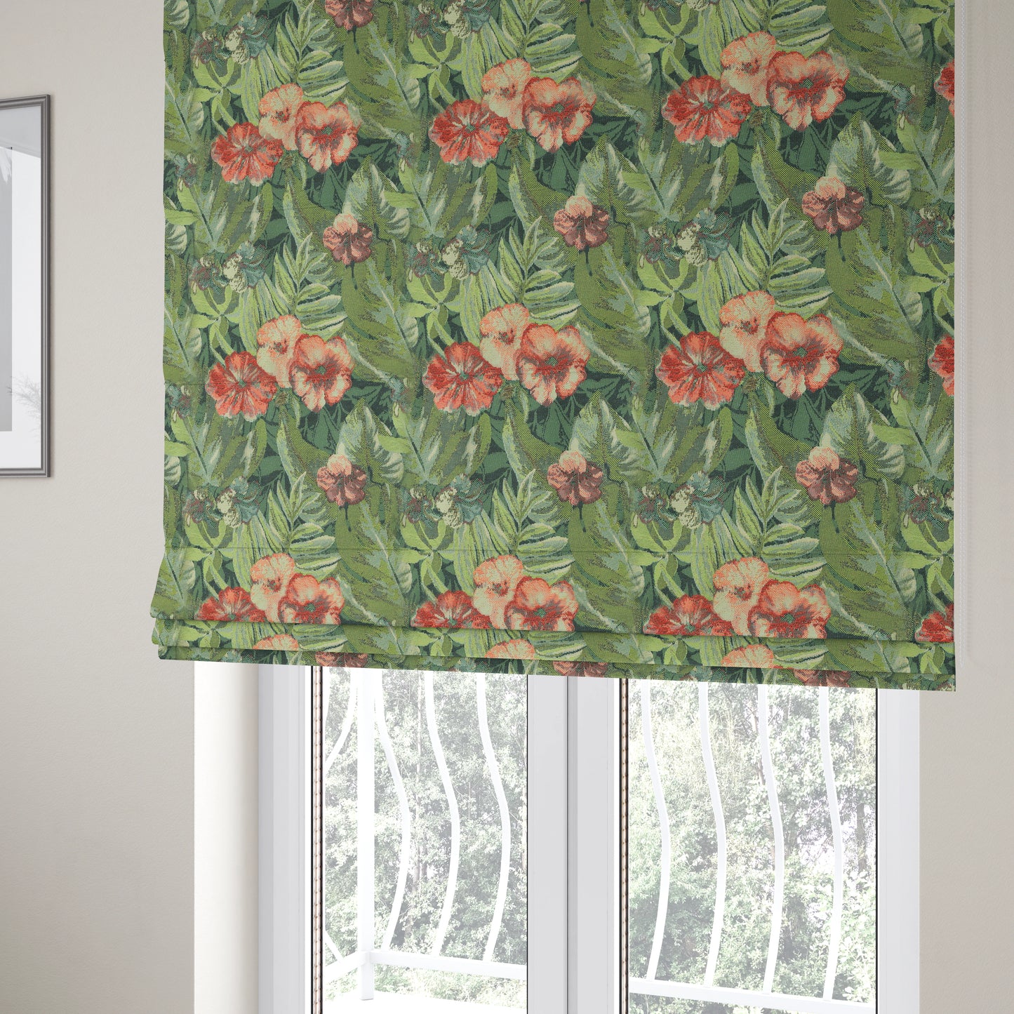 Garden Full Of Red Pink Flowers Green Leafs Theme Pattern Chenille Material Upholstery Fabric JO-1370 - Roman Blinds