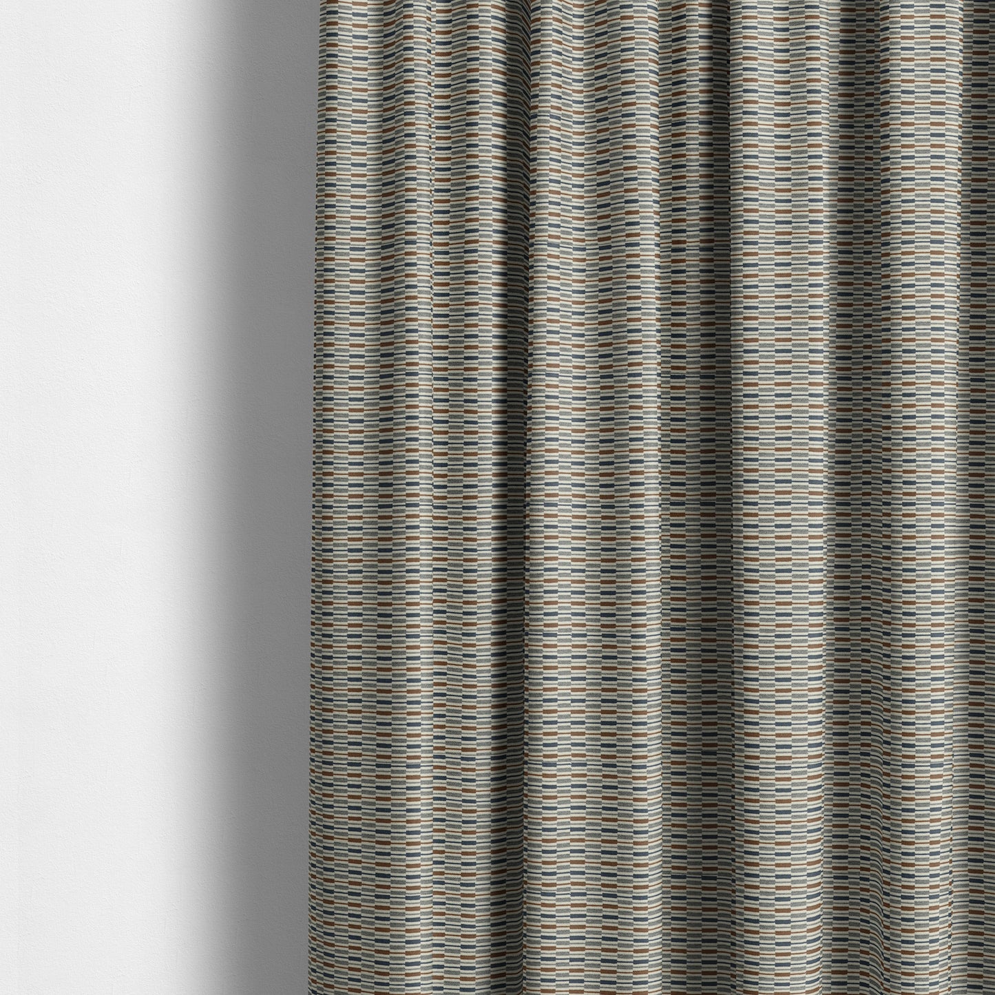 Layered Bricked Geometric Pattern Blue Brown Grey Coloured Chenille Upholstery Furnishing Fabric JO-1373 - Made To Measure Curtains