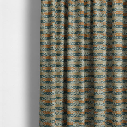 Geometric Tribal Theme Pattern Soft Chenille Blue Brown Orange Colour Upholstery Fabric JO-1383 - Made To Measure Curtains