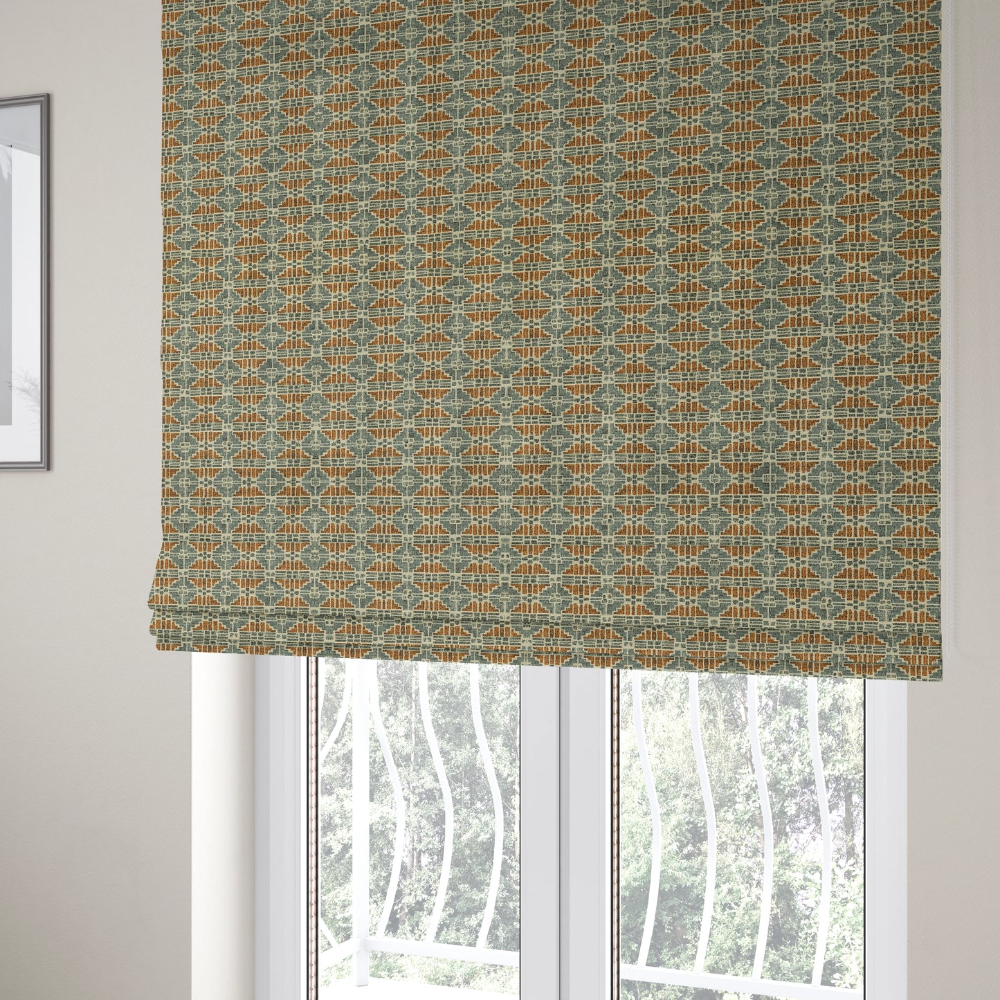 Symmetry Geometric Pattern Soft Chenille Blue Orange Colour Upholstery Fabric JO-1386 - Roman Blinds