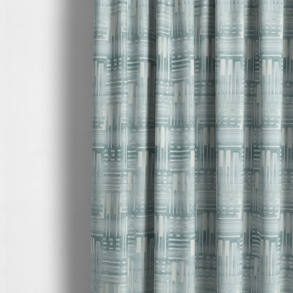 Geometric Striped Design White Blue Soft Textured Velvet Upholstery Furnishing Fabric JO-1388 - Made To Measure Curtains