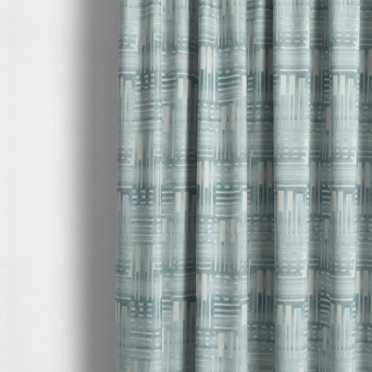 Geometric Striped Design White Blue Soft Textured Velvet Upholstery Furnishing Fabric JO-1388 - Made To Measure Curtains