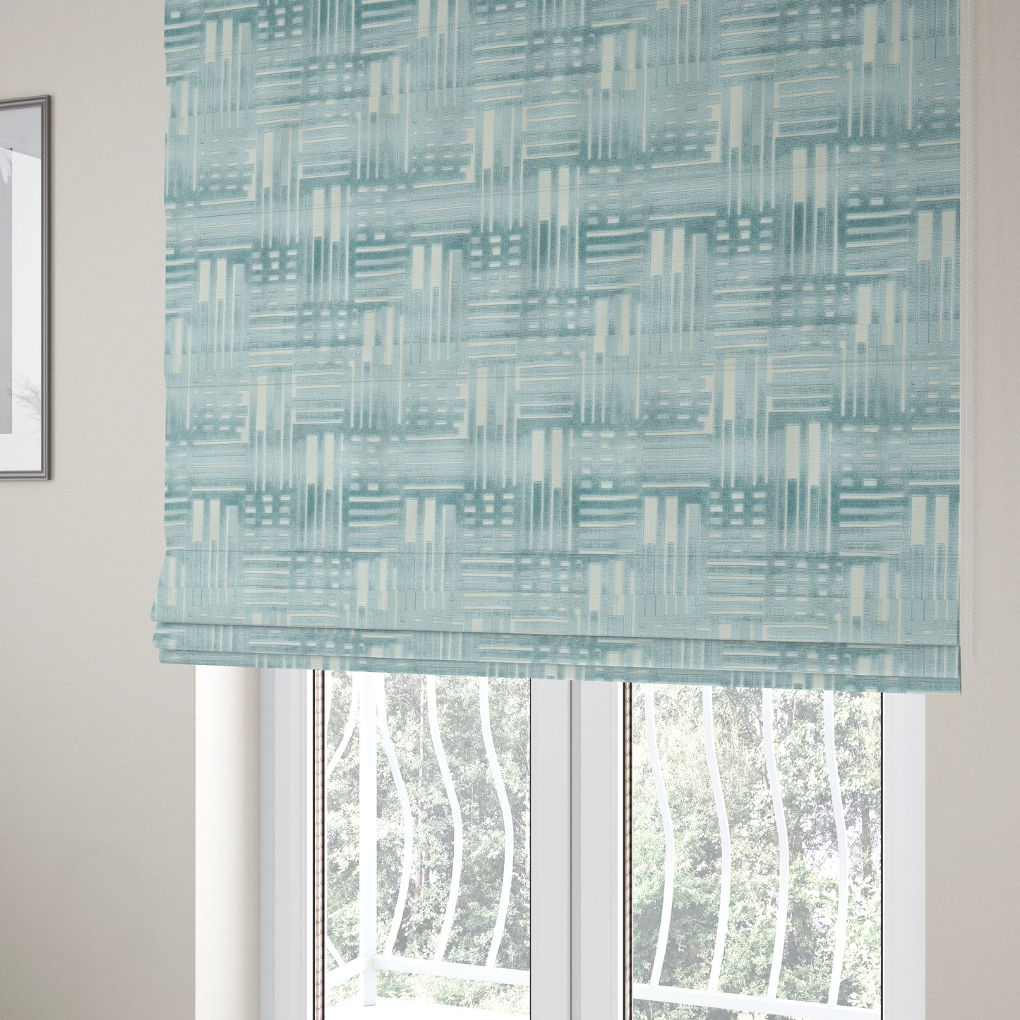 Geometric Striped Design White Blue Soft Textured Velvet Upholstery Furnishing Fabric JO-1388 - Roman Blinds