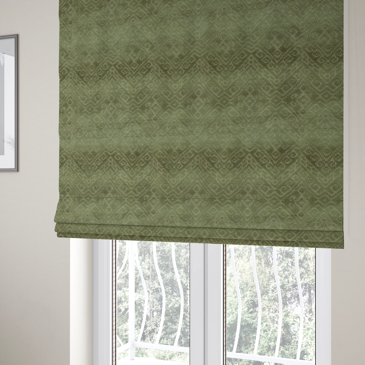 Velvet Material Symmetry Geometric Pattern Green Colour Upholstery Fabric JO-1389 - Roman Blinds