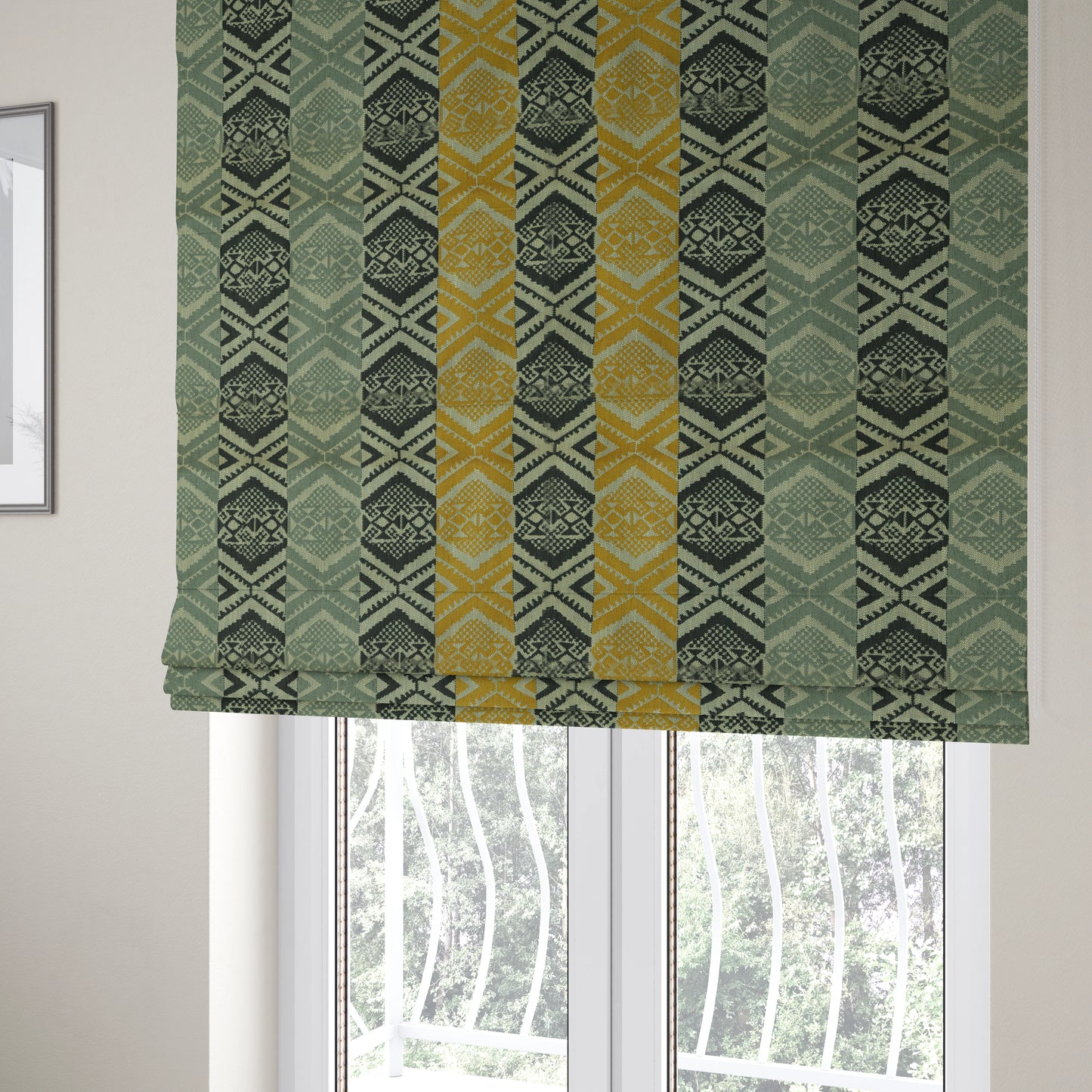 Striped Geometric Tribal Theme Pattern Soft Chenille Yellow Grey Black Colour Upholstery Fabric JO-1398 - Roman Blinds