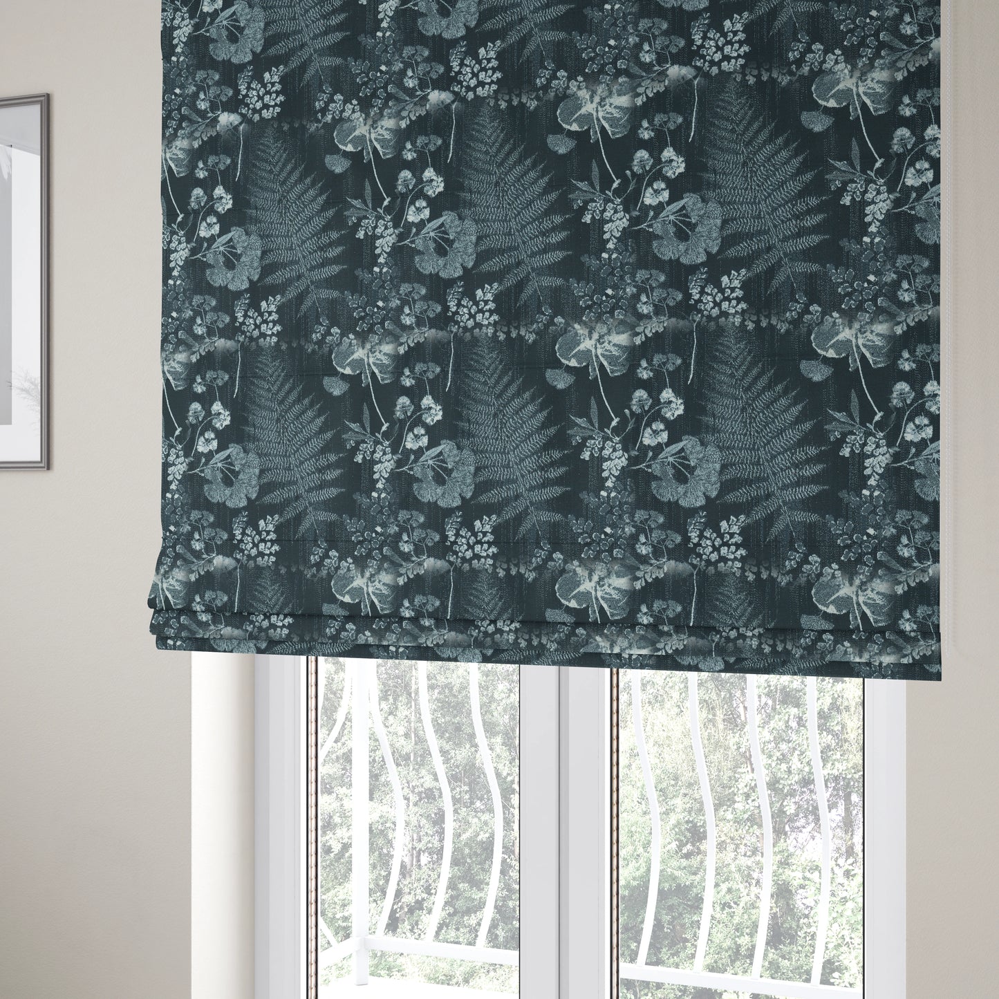 Floral Leaf Pattern Soft Chenille Blue Colour Chenille Upholstery Fabric JO-1406 - Roman Blinds