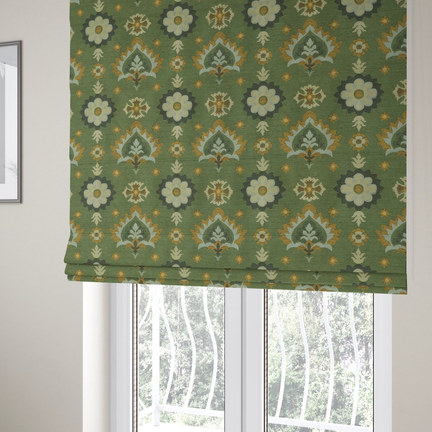 Floral Uniformed Pattern Green Yellow Colour Soft Chenille Interior Fabric JO-1413 - Roman Blinds