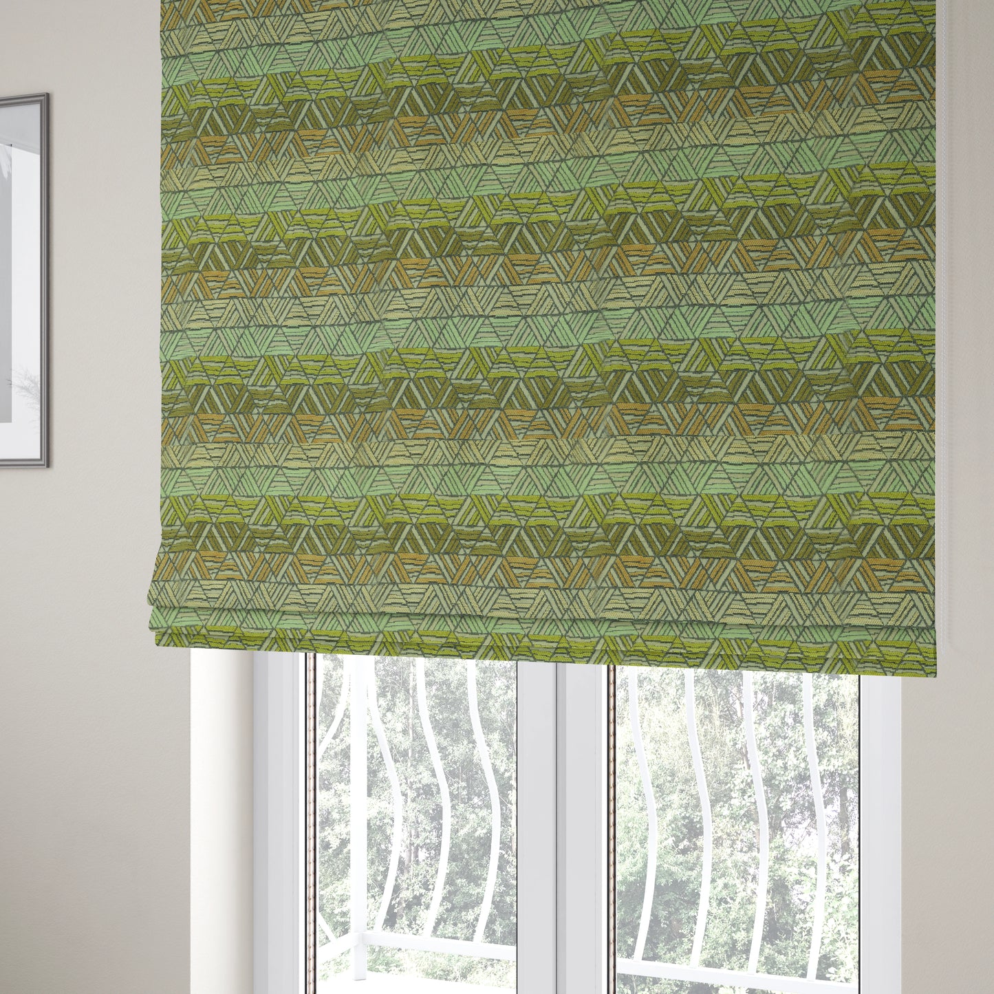 Geometric Triangle Pattern Green Brown Beige Coloured Soft Chenille Upholstery Fabric JO-1414 - Roman Blinds