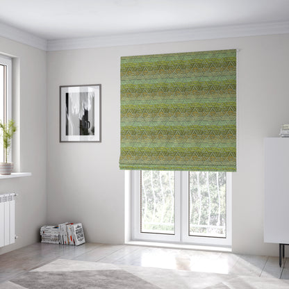 Geometric Triangle Pattern Green Brown Beige Coloured Soft Chenille Upholstery Fabric JO-1414 - Roman Blinds