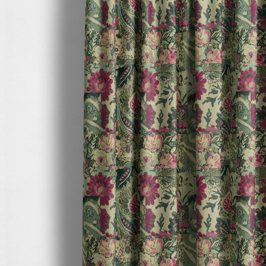 Floral Flower Inspired Patchwork Pattern Green Pink Teal Coloured Chenille Upholstery Fabric JO-1415 - Made To Measure Curtains