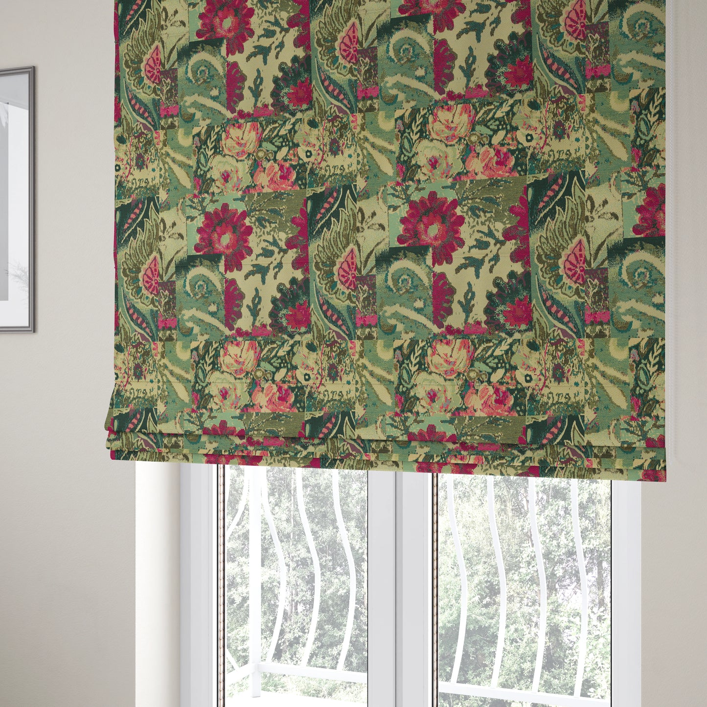 Floral Flower Inspired Patchwork Pattern Green Pink Teal Coloured Chenille Upholstery Fabric JO-1415 - Roman Blinds