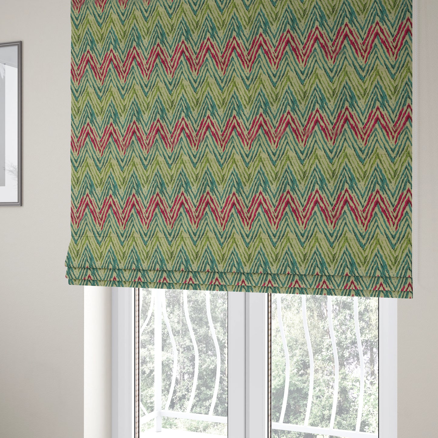 Chevron Striped Inspired Pattern Green Pink Blue Coloured Chenille Upholstery Fabric JO-1416 - Roman Blinds