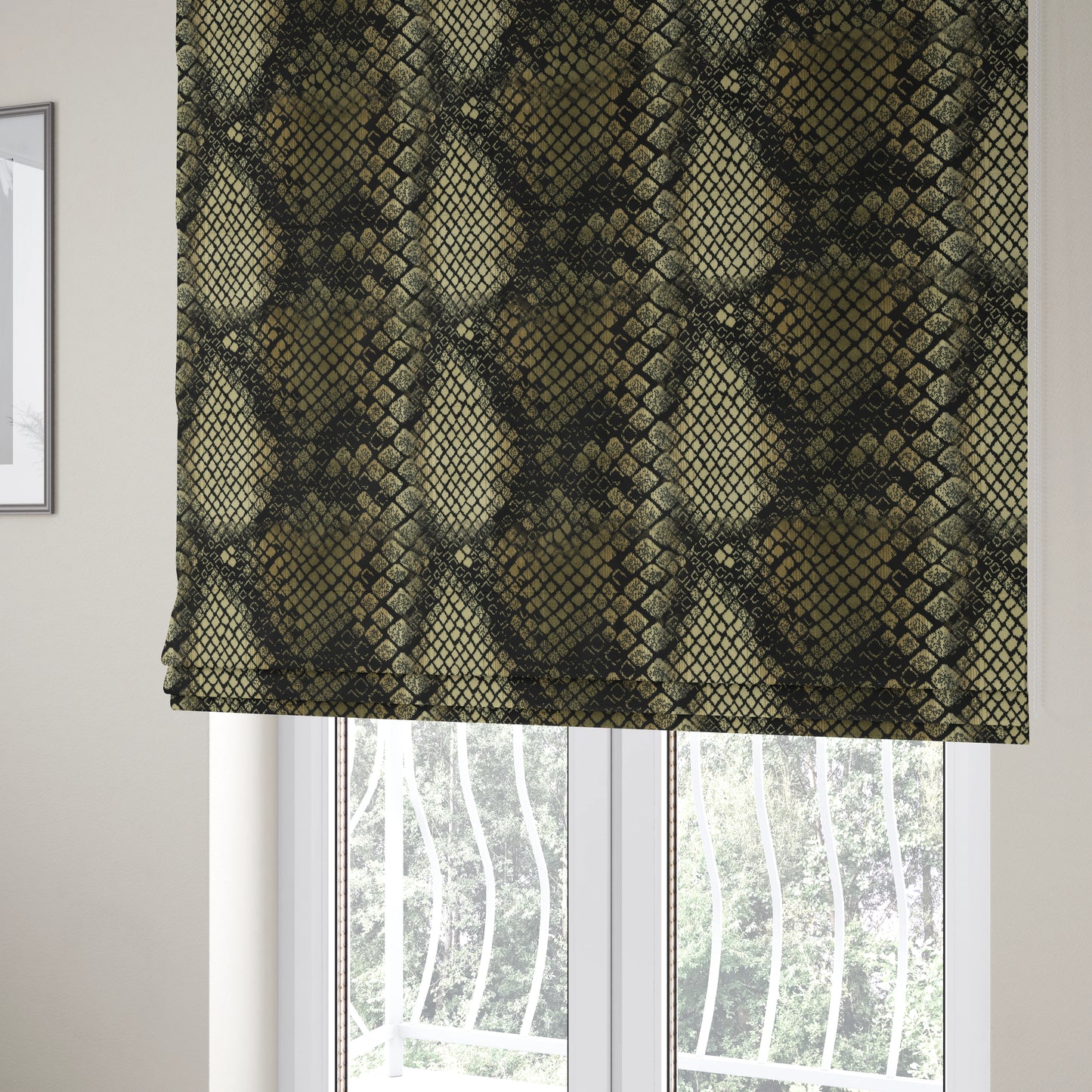 Snake Scales Pattern In Black Gold Colour Velvet Material Furnishing Upholstery Fabric JO-1420 - Roman Blinds