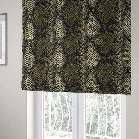 Snake Scales Pattern In Black Gold Colour Velvet Material Furnishing Upholstery Fabric JO-1420 - Roman Blinds