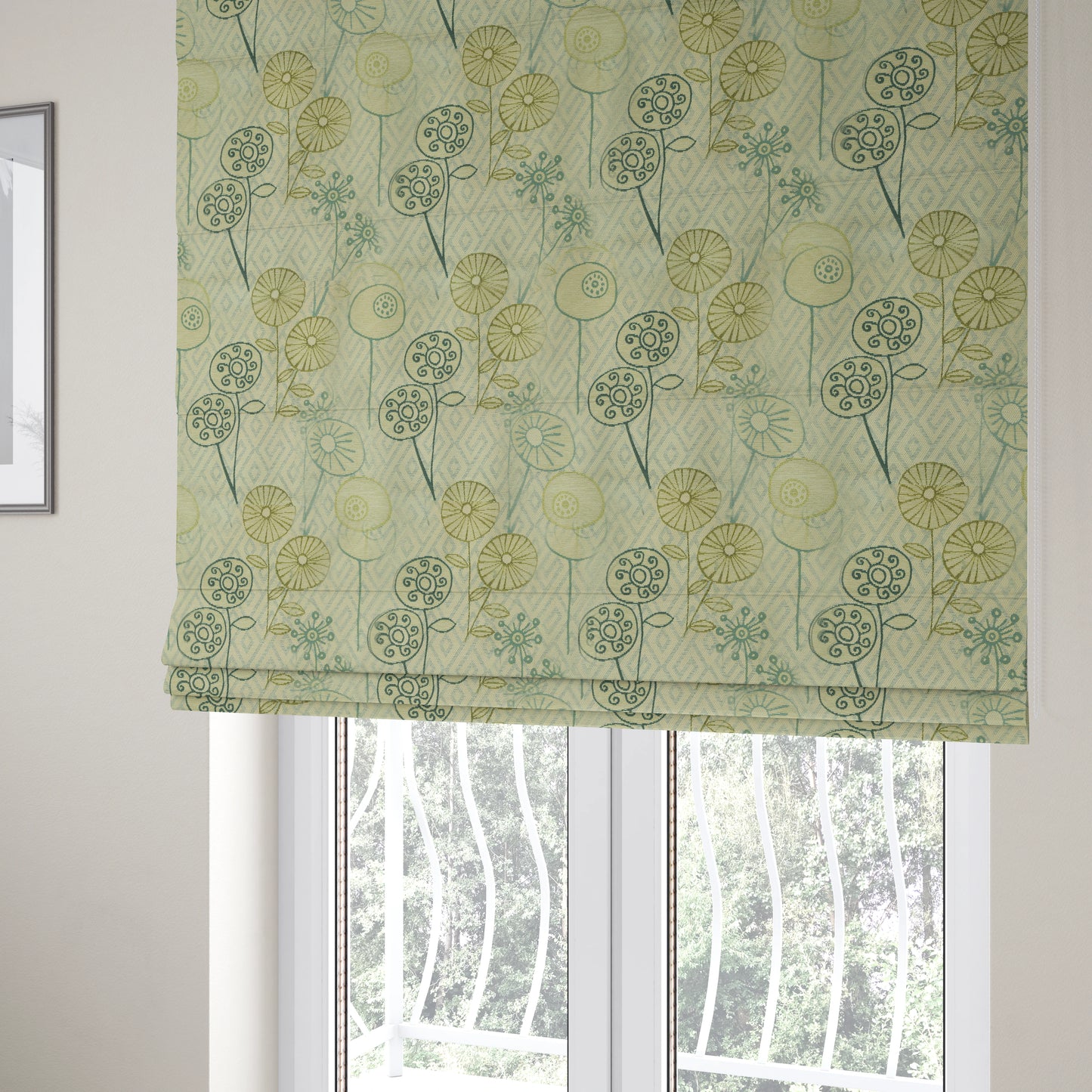 Floral Theme Pattern Blue Green Coloured Soft Chenille Textured Material Upholstery Fabric JO-1422 - Roman Blinds