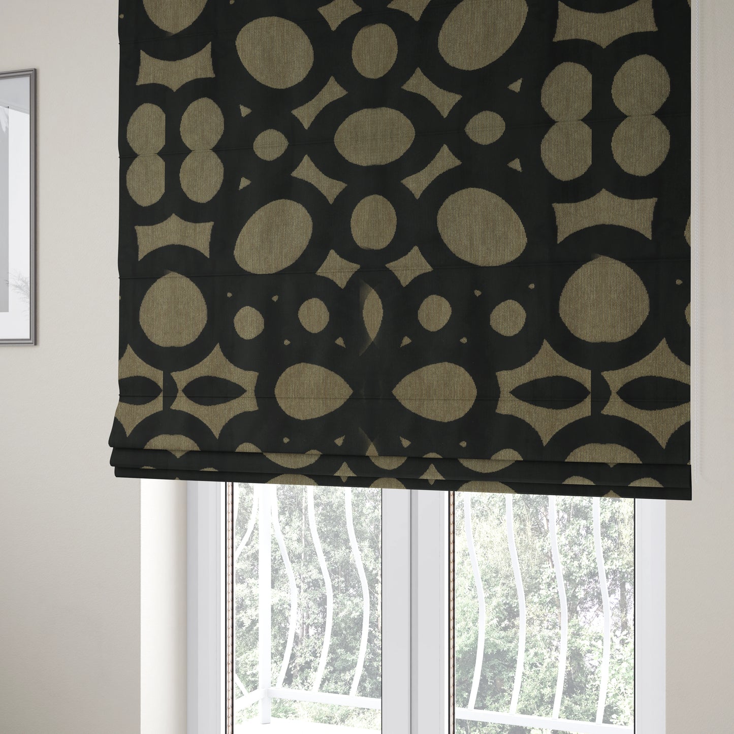 Circular Inspired Pattern Black Coloured Soft Velvet Textured Upholstery Fabric JO-1427 - Roman Blinds