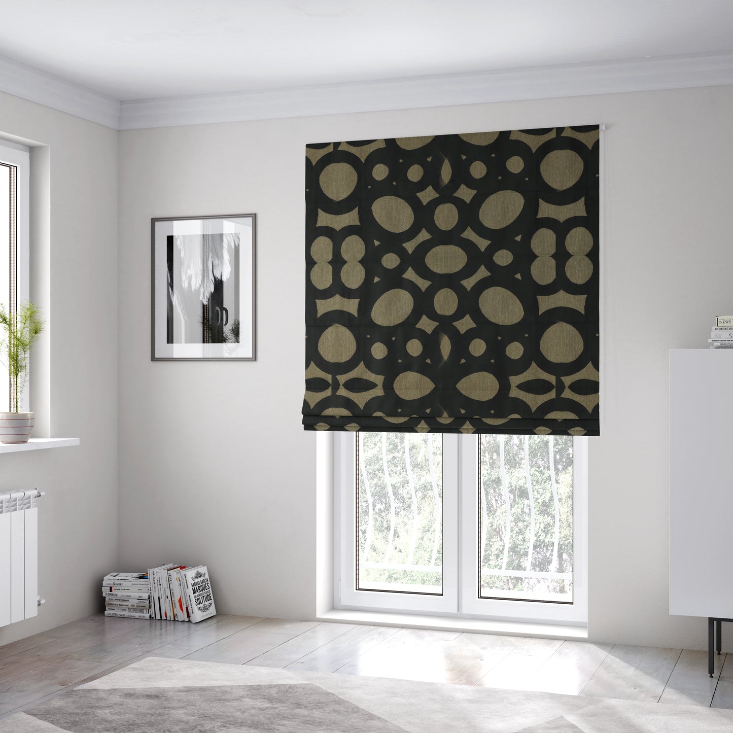 Circular Inspired Pattern Black Coloured Soft Velvet Textured Upholstery Fabric JO-1427 - Roman Blinds