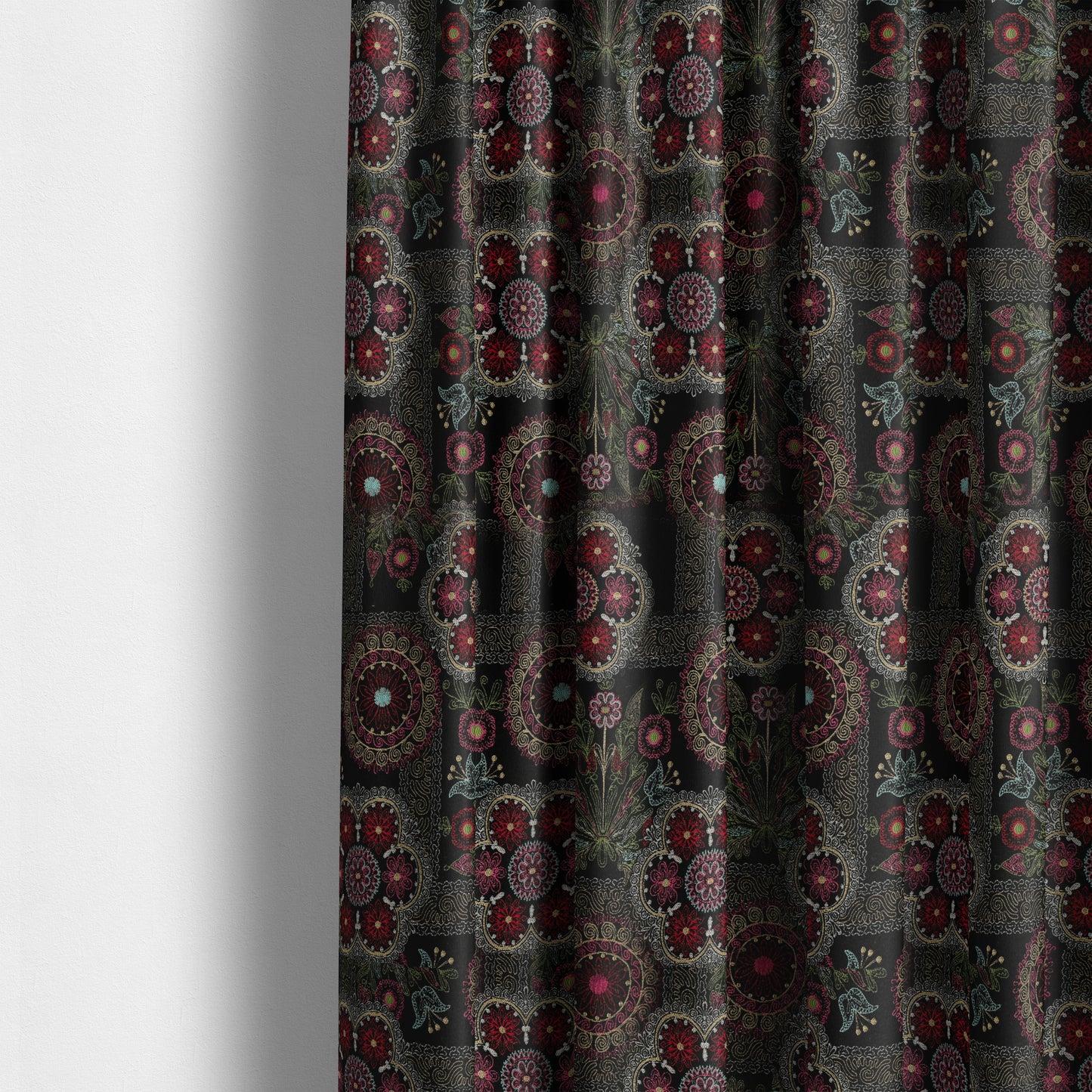 Zamorin Detailed Colourful Weave Patchwork Theme Pattern Black Multicoloured Chenille Fabric JO-1431 - Made To Measure Curtains