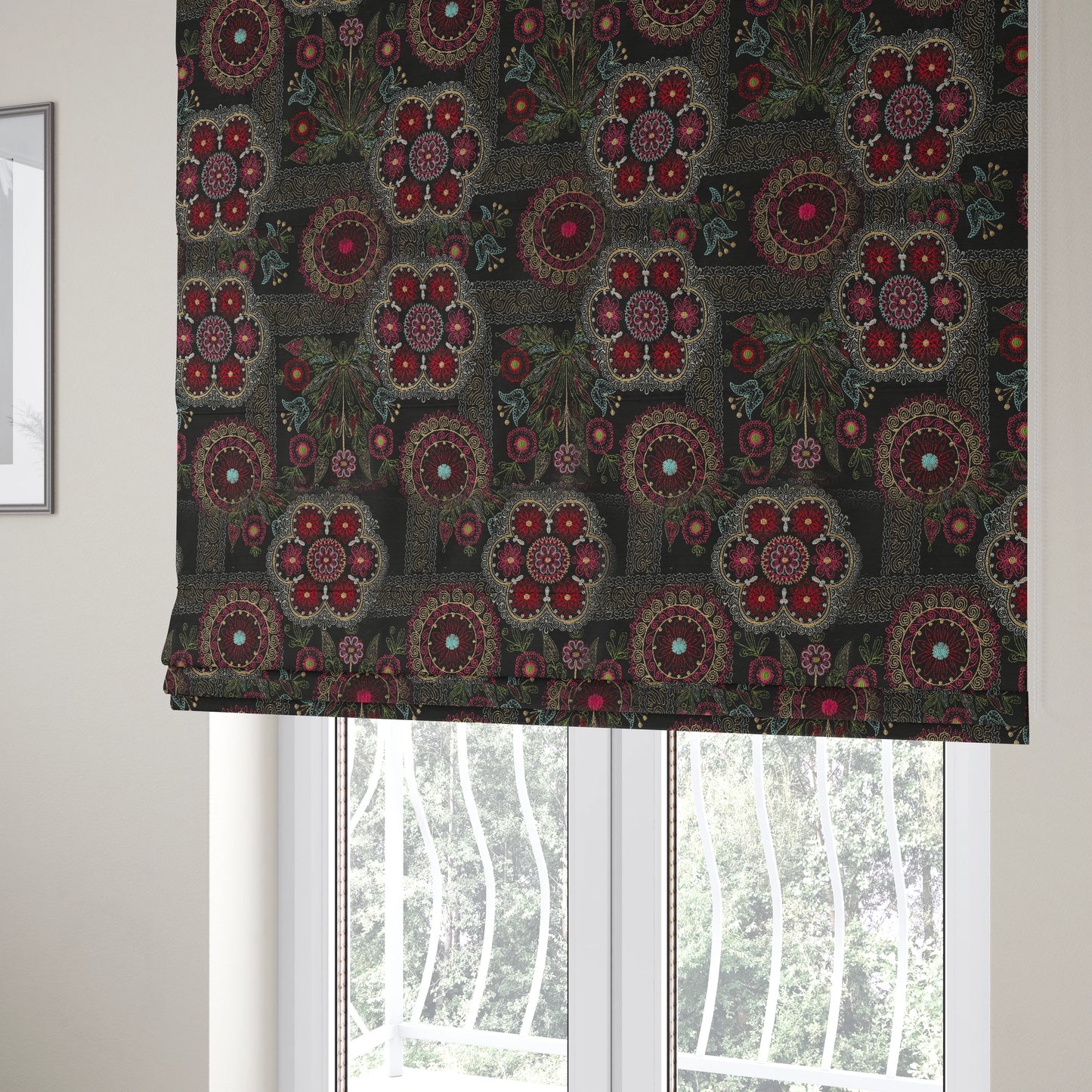 Zamorin Detailed Colourful Weave Patchwork Theme Pattern Black Multicoloured Chenille Fabric JO-1431 - Roman Blinds