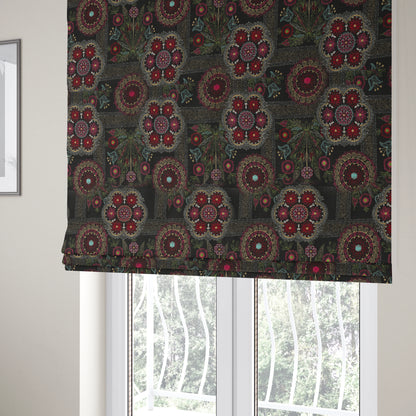 Zamorin Detailed Colourful Weave Patchwork Theme Pattern Black Multicoloured Chenille Fabric JO-1431 - Roman Blinds